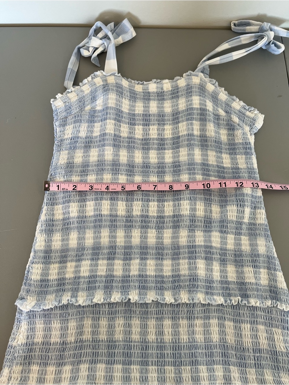 Japna Smocked Gingham Tie-Strap Mini Dress Blue & White S - Picture 9 of 11
